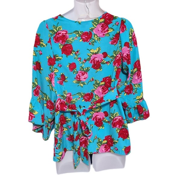 Betsey Johnson Tunic Top Women's M Colorful Floral Bell Sleeve Tie Sash Blouse - Picture 3 of 11